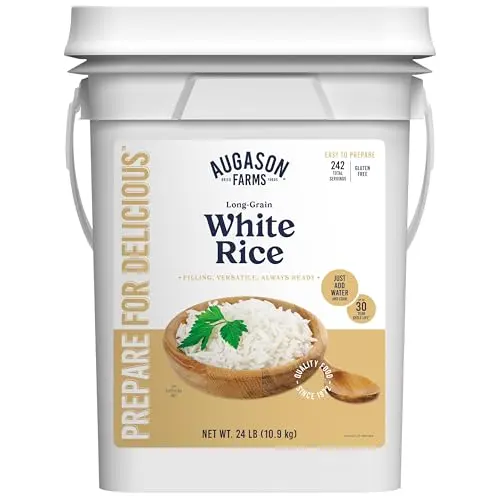 Augason Farms long grain white rice in a 4-gallon pail