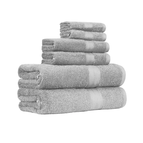 Amazon Basics 6-piece gray cotton towel set with bath towels, hand towels, and washcloths