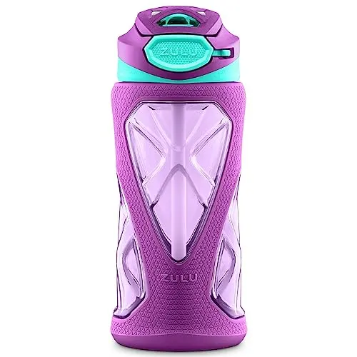 ZULU Torque kids water bottle with purple silicone sleeve and leak-proof locking lid