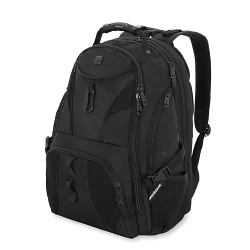 SwissGear black TSA laptop backpack with ScanSmart technology and multiple compartments