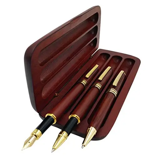 Renawe wooden pen set with fountain, ballpoint, and gel pens in gift box