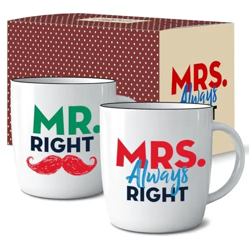 Triple Gifffted Mr Right Mrs Always Right colorful ceramic coffee mugs set