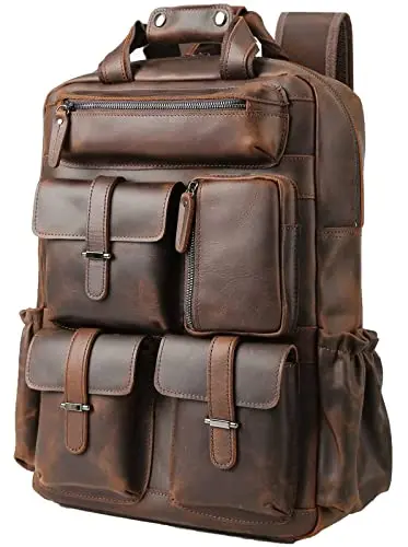 Masa Kawa vintage leather backpack with multiple front pockets and brown finish
