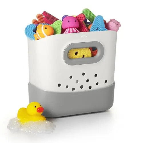 OXO Tot stand-up bath toy storage bin with unique hole pattern