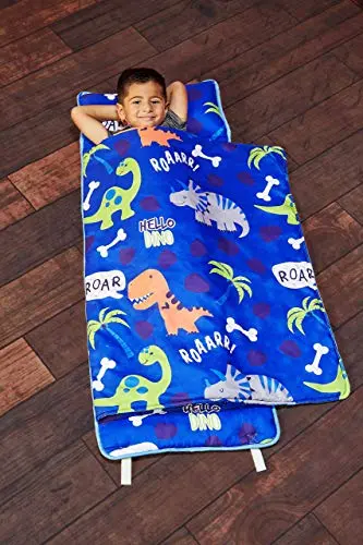 EVERYDAY KIDS dinosaur-themed nap mat with removable pillow and roll-up design