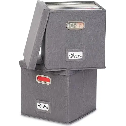 ZICOTO decorative grey linen vinyl record storage box with lid