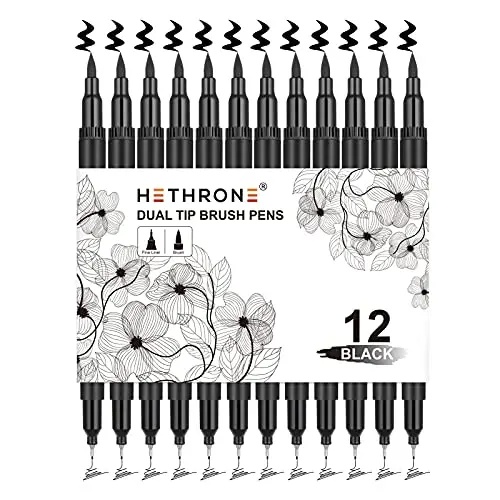 Hethrone black brush pens with dual tips for drawing and calligraphy