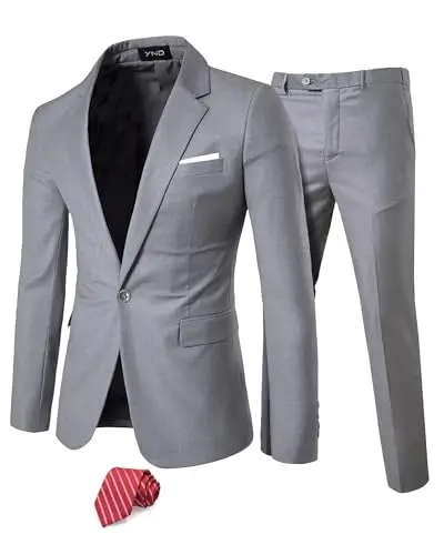YND Men's Light Grey Slim Fit Suit with matching tie