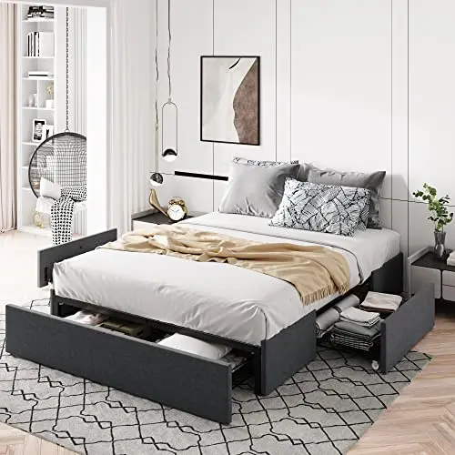 Allewie queen size platform bed with three storage drawers in dark grey fabric
