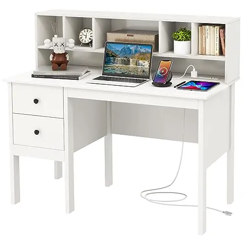 Tangkula white desk with hutch and drawers for home office