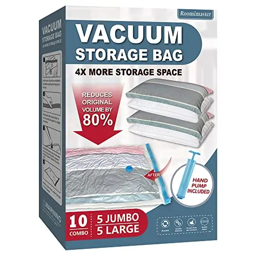 Roomimaster vacuum storage bags in light blue with hand pump