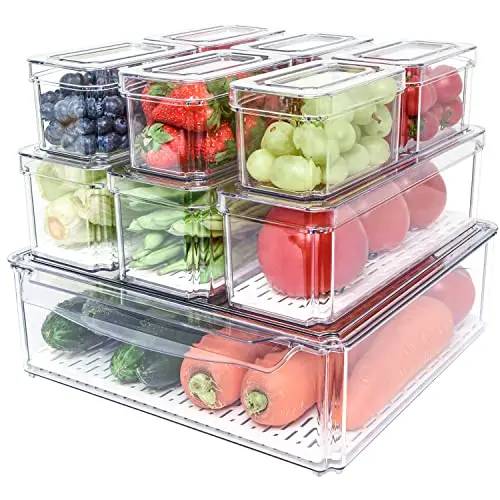 SenseYo stackable refrigerator bins with lids for produce storage