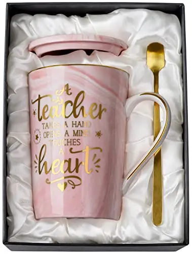 Pink marble ceramic teacher mug with gold print, lid, spoon, and gift box