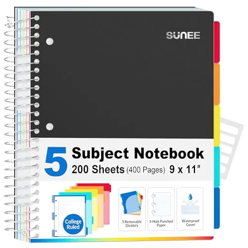SUNEE 5-subject spiral notebook with colored dividers