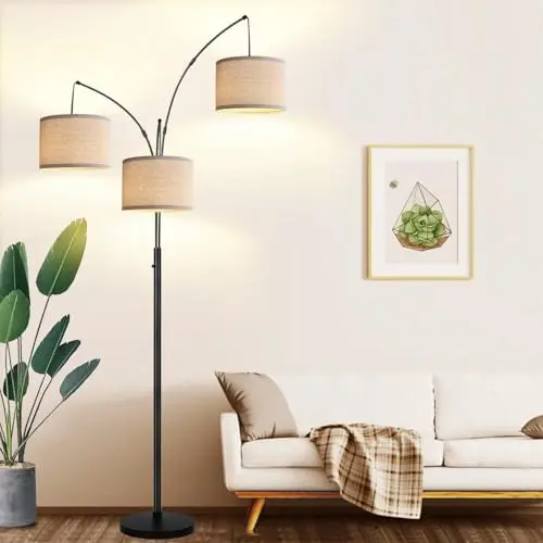 Nintiue matte black tree floor lamp with three beige linen shades