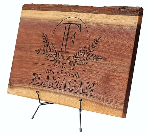 Personalized walnut live edge cutting board with rustic display stand