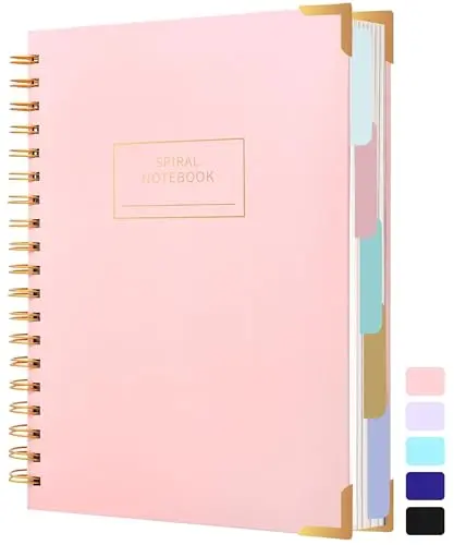 YOMENT pink hardcover spiral notebook with 5 tab dividers and golden metal corners