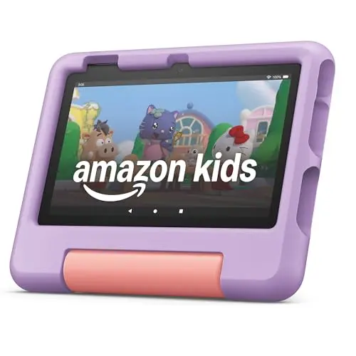 Amazon Fire 7 Kids tablet in purple with durable kid-proof case