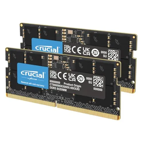 Crucial 32GB DDR5 laptop RAM module with black design