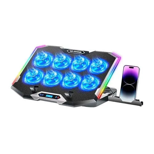 ICE COOREL black laptop cooling pad with eight fans and RGB lighting