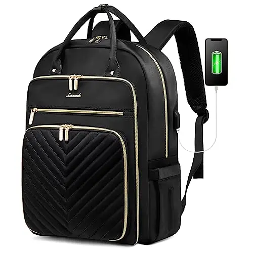 LOVEVOOK laptop backpack with black sateen finish and gold zippers
