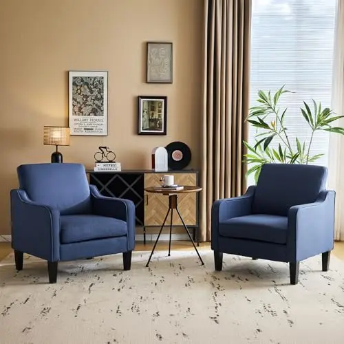 VINGLI modern accent chairs set of 2 in navy blue linen, showing compact design with metal backrest