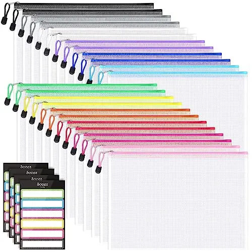 Sooez 24 pack mesh zipper pouches in multiple colors with sticky labels