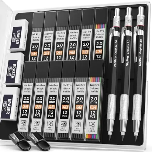 NICPRO 2mm mechanical pencil set with case, leads, and accessories