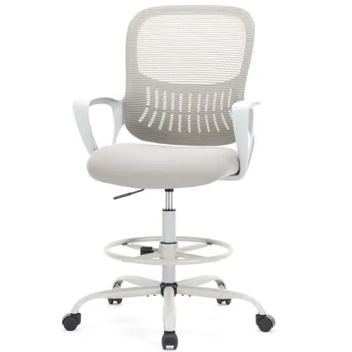 DUMOS drafting chair with grey mesh and fixed armrests