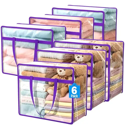Budding Joy 6-pack clear zippered storage bags in purple