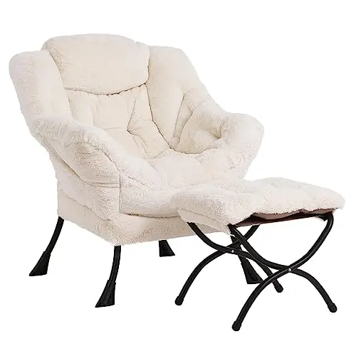 LITA Lazy Chair with Ottoman in plush beige, featuring a modern design with armrests and side pocket