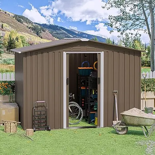 RTDTD brown metal outdoor storage shed with sliding door and air vents