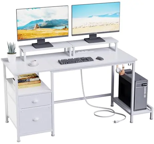 Furologee 47 inch white computer desk with file cabinet and monitor stands