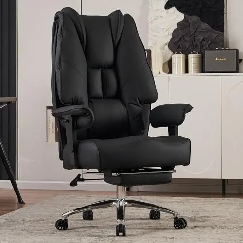 EXCEBET leather office chair with wide seat and retractable footrest