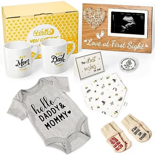 Pregnancy Gifts for First Time Moms gift basket with mugs and baby items