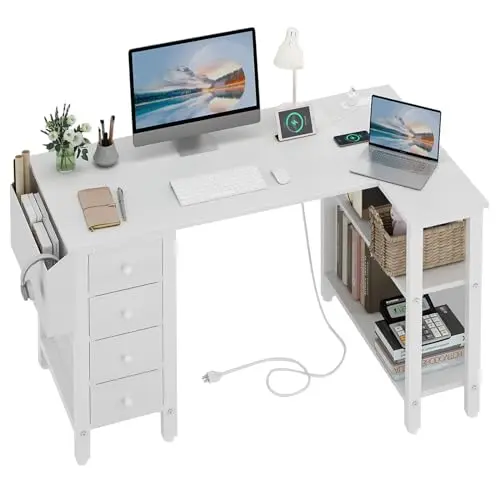 Lufeiya white L-shaped corner desk with storage shelves and power outlet
