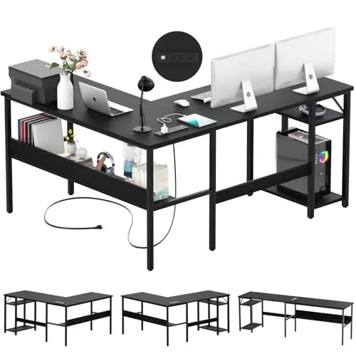 iSunirm reversible L-shaped computer desk with power outlet