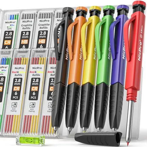 NICPRO upgraded carpenter pencils with finger grips and spirit level