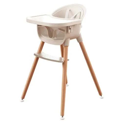 Fodoss 3-in-1 wooden high chair in elegant beige with modern lines