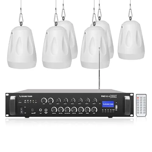 Sound Town 6-zone amplifier with white pendant speakers for indoor or outdoor use