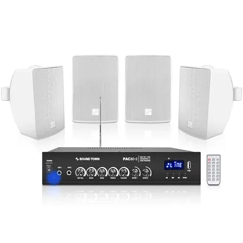 Sound Town 2-zone amplifier with white surface-mount speakers for commercial use