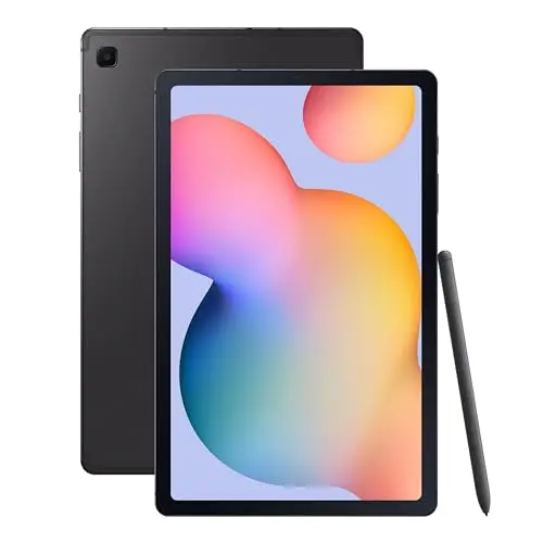 Samsung Galaxy Tab S6 Lite tablet with S Pen attached on a desk