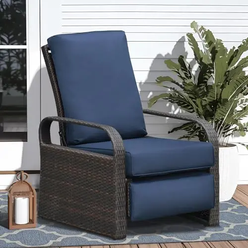Skypatio wicker recliner chair with adjustable positions in navy blue