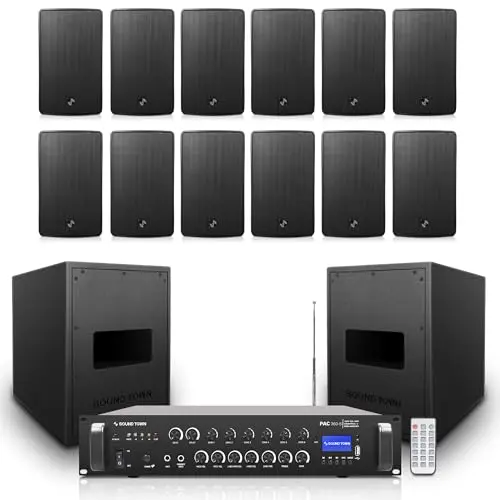 Sound Town high-power amplifier with surface-mount speakers and subwoofers for restaurant