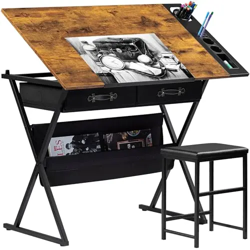 VECELO adjustable drafting table with stool and storage drawers