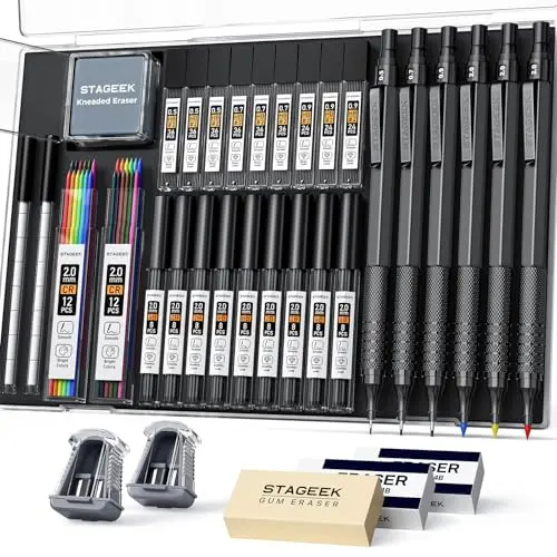 STAGEEK 35-piece black mechanical pencil set with multiple lead sizes and hardness options