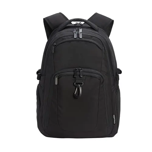 Amazon Basics black travel laptop backpack with water-repellent fabric and luggage strap