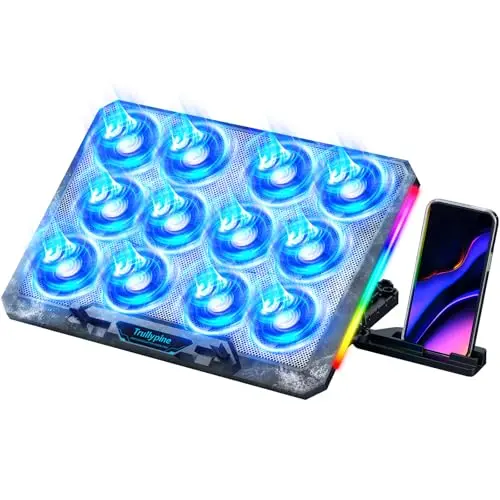 Trullypine laptop cooler with 12 fans, colorful RGB lighting, and foldable design