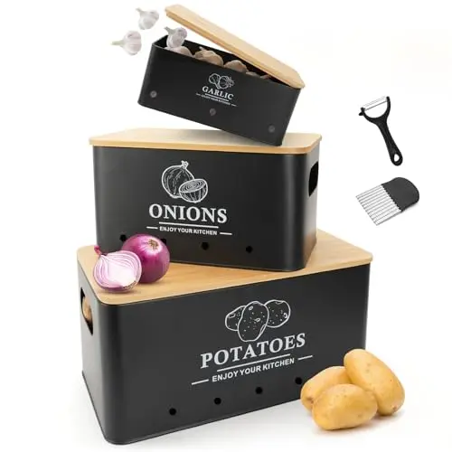 DEKOSILAVE metal storage containers for potatoes onions and garlic with bamboo lids