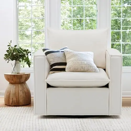 COLAMY wide upholstered swivel armchair in beige